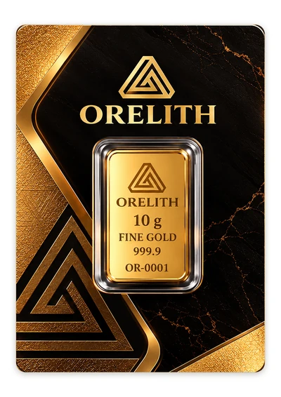 Front presentation of an ORELITH 10g gold bar on a black and gold card