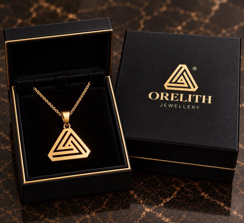 The ORELITH triangle emblem as a gold pendant on a chain, in an open black gift box with gold edging, beside the closed ORELITH Jewellery box